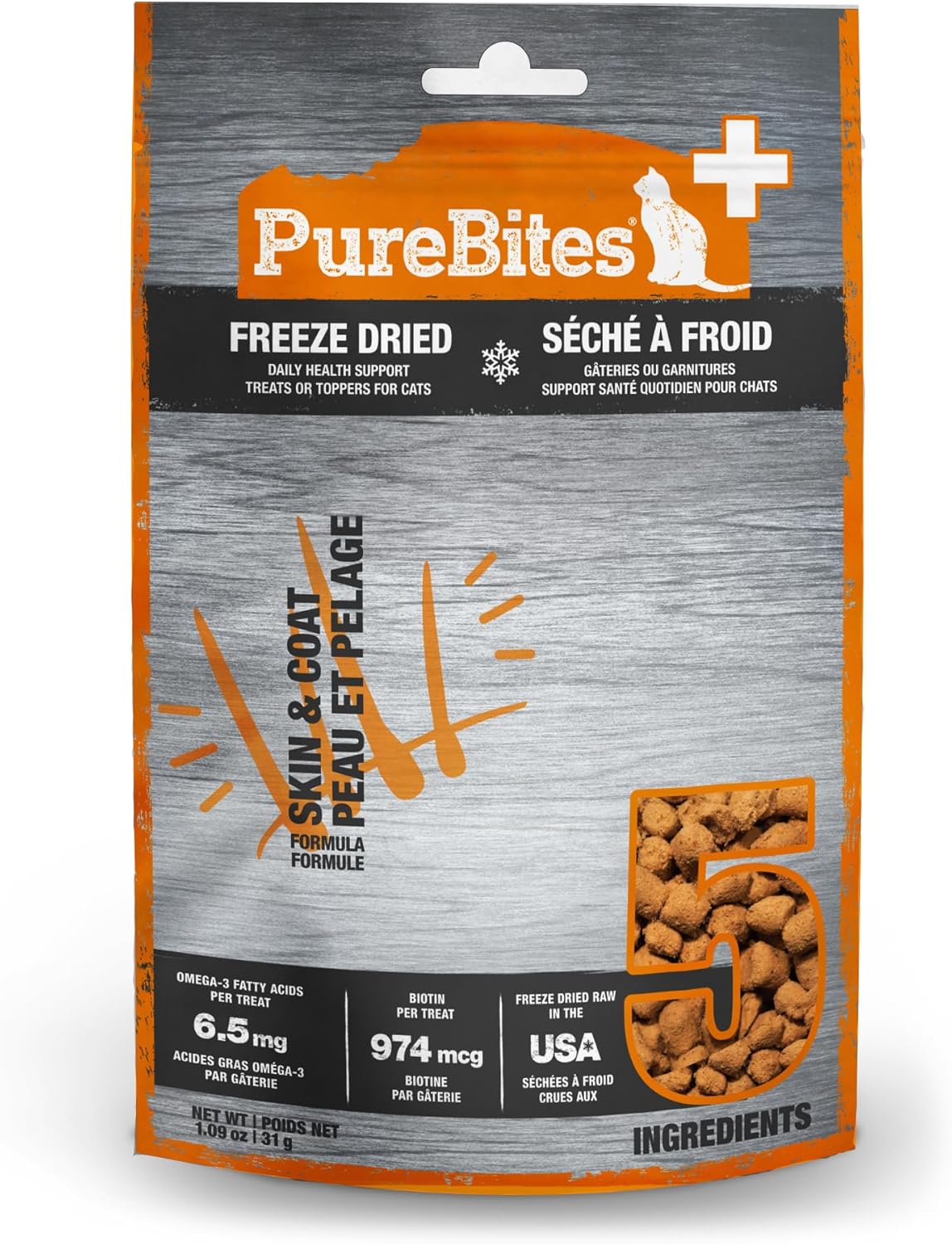 PURE BITES+ Skin & Coat Freeze Dried Cat Treats Made in USA 1.09oz