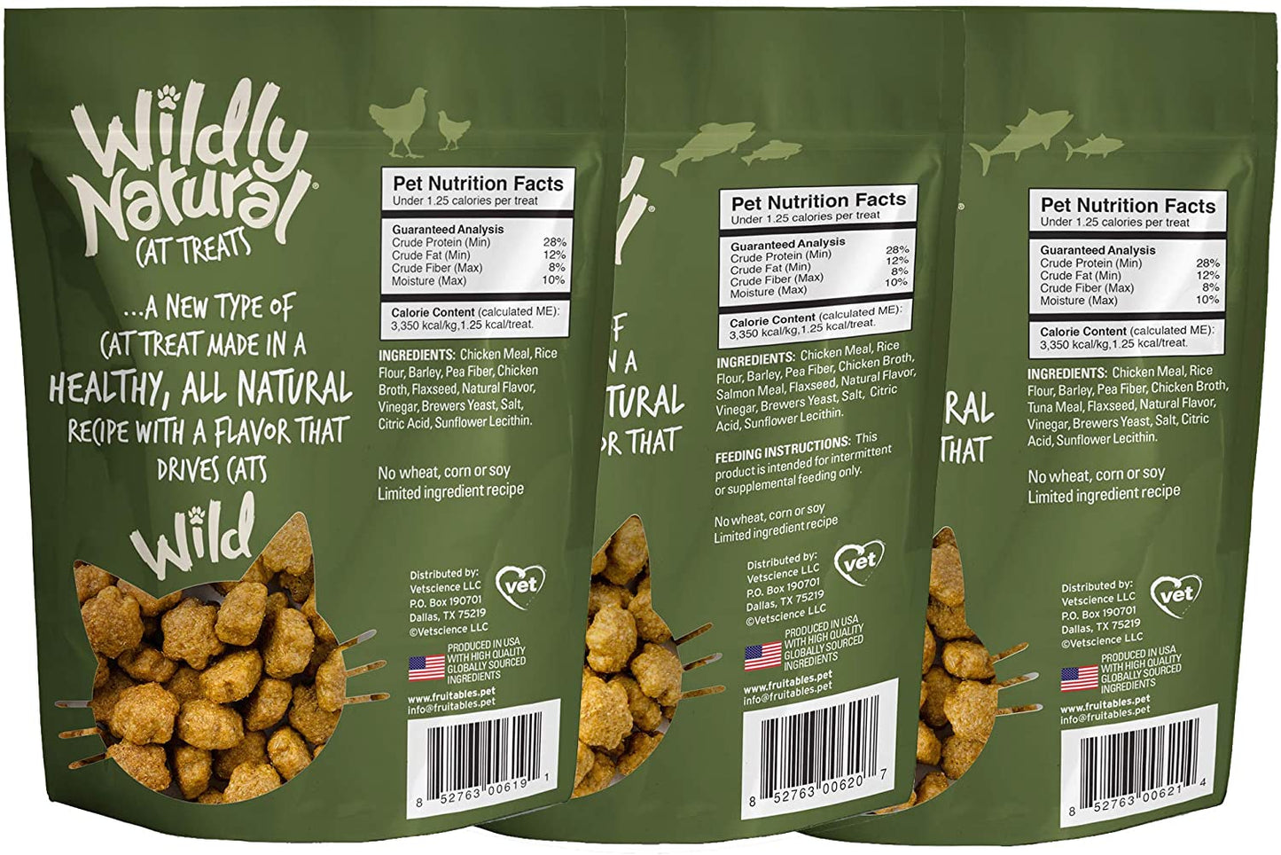 Fruitables Wildly Natural Cats Treat Variety Pack 3 (1 Bag of Each: Chicken, Tuna and Salmon)