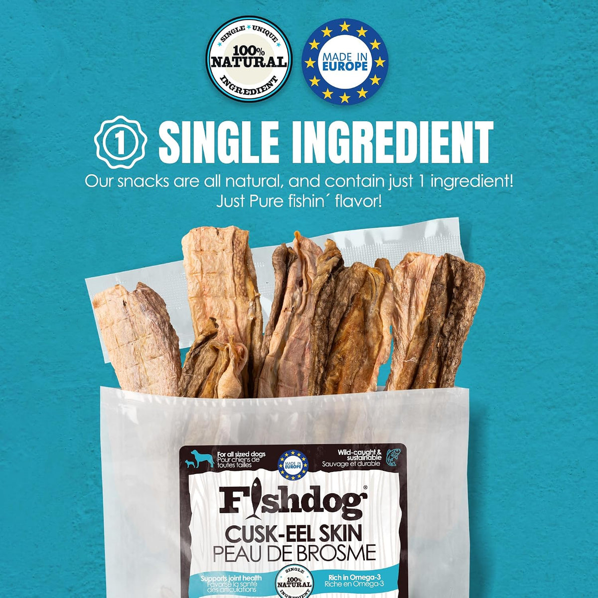 Palz&Co Fishdog Cusk-EEL Fish Skin Dog Treats 2.5oz - Wild Caught Single Ingredient Fish Chews for Dogs, Grain Free Hypoallergenic