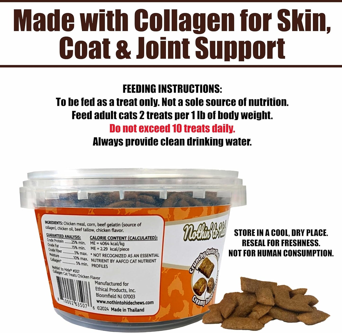 Fieldcrest Farms Nothin’ to Hide Collagen Cat Treats – Crunchy & Creamy Cat Snacks, Chicken Flavor, 8oz Tub.