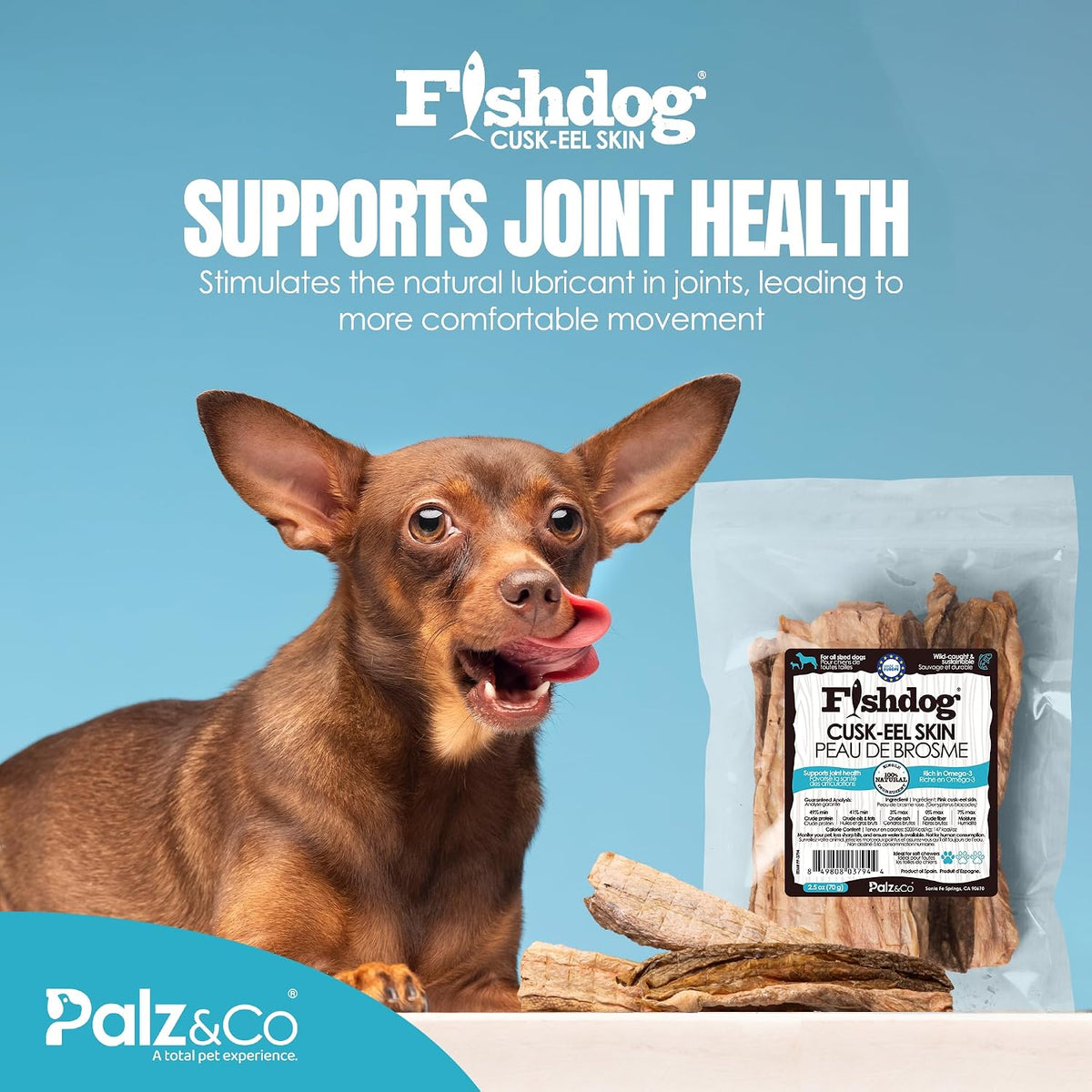 Palz&Co Fishdog Cusk-EEL Fish Skin Dog Treats 2.5oz - Wild Caught Single Ingredient Fish Chews for Dogs, Grain Free Hypoallergenic