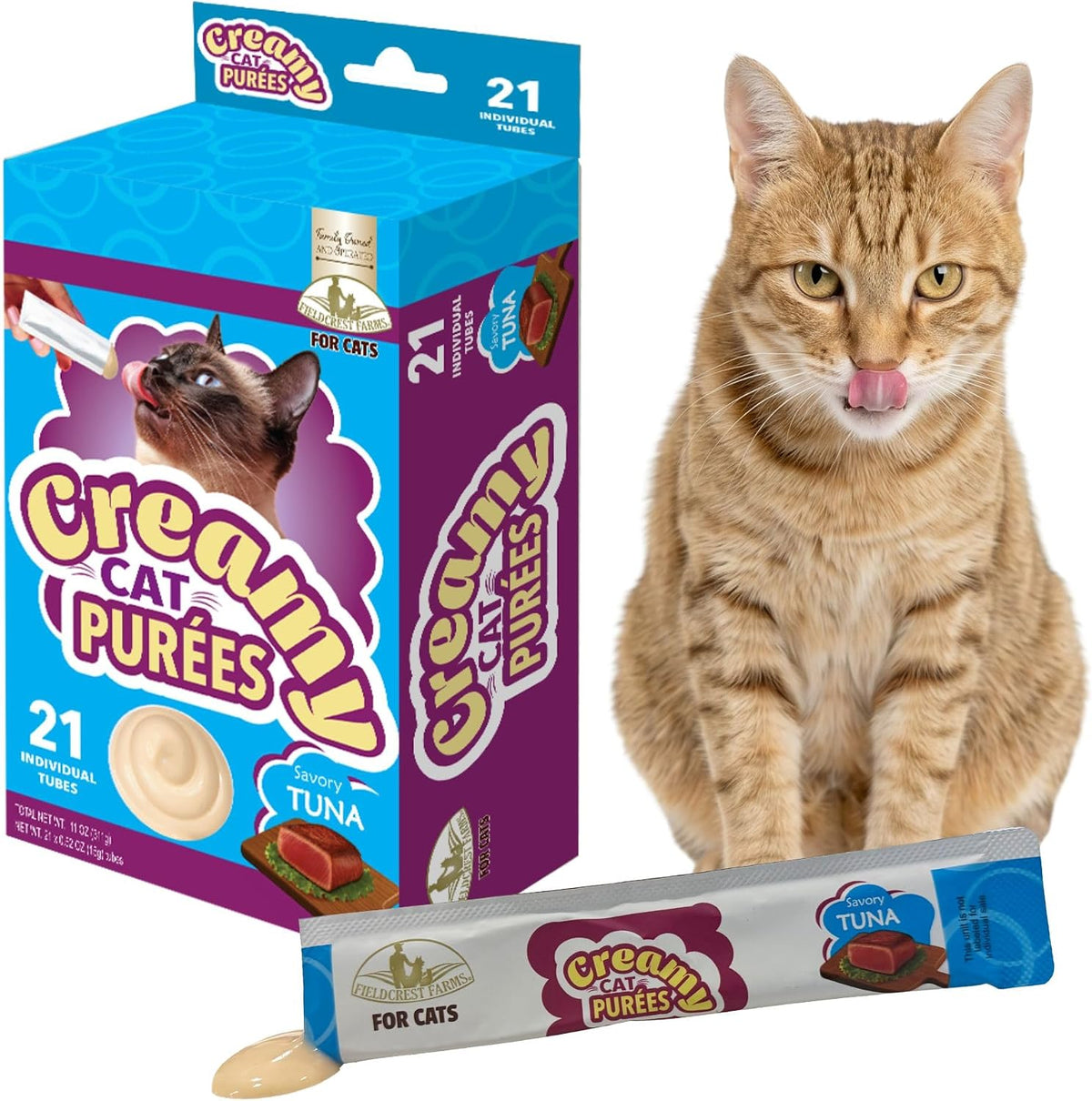 Fieldcrest Farms Creamy Cat Purées, Tuna Flavor, Smooth and Tasty Lickable Cat Treats with Taurine, Moist & Hydrating, Food Topper, 21 Count in Pack