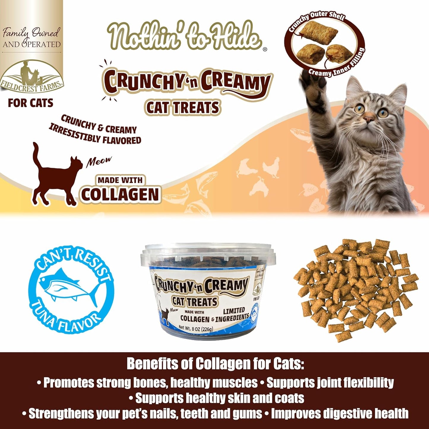 Fieldcrest Farms Nothin’ to Hide Collagen Cat Treats – Crunchy & Creamy Cat Snacks, Tuna Flavor, 8oz Tub.
