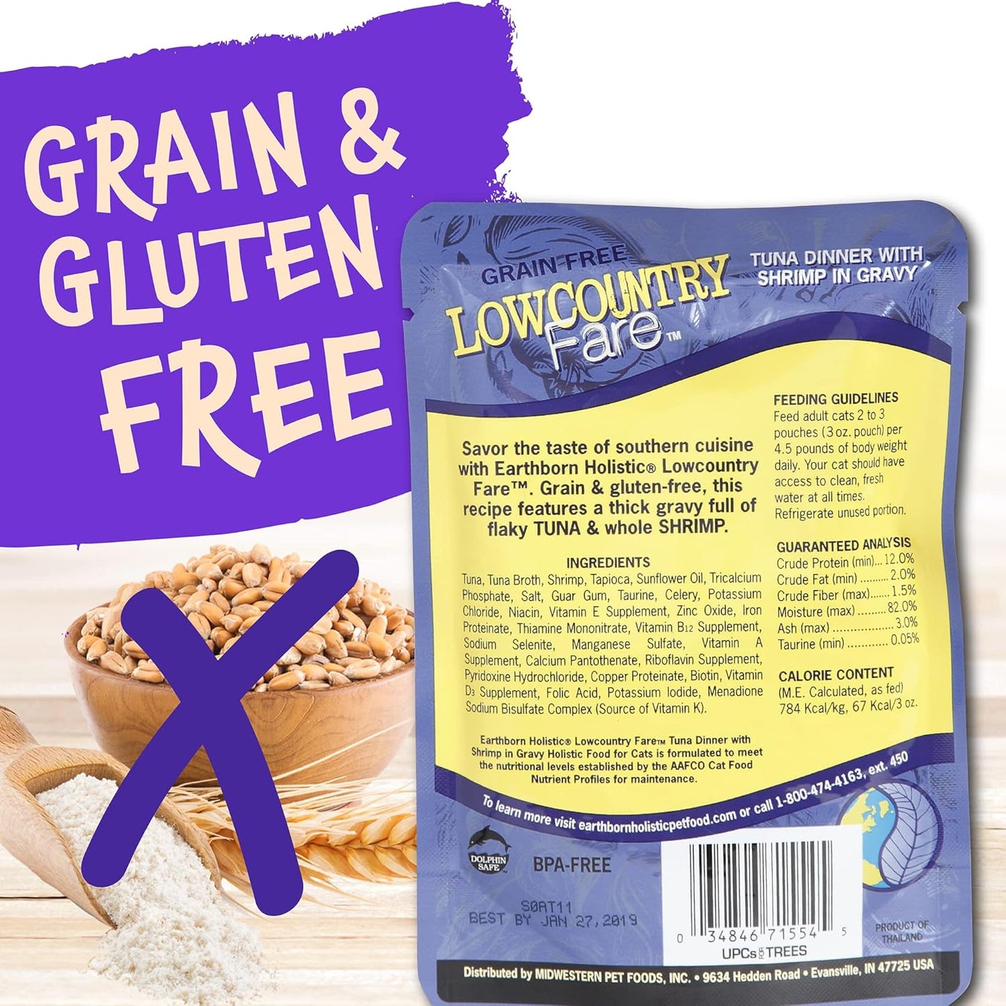 Earthborn Holistic Lowcountry Fare with Tuna & Shrimp Gravy Grain-Free Wet Cat Food Pouches - (3 oz) Pack of 24