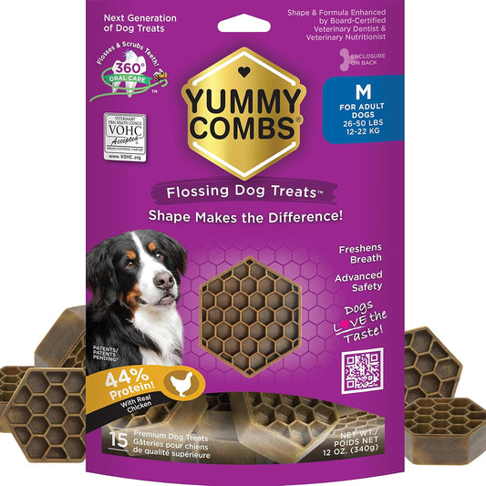 Yummy Combs Dog Dental Treats – Vet VOHC Approved – Removes Tartar with Cleaning Comb Shape – Dental Dog Treats for Medium Dogs (12oz, 15 Count)