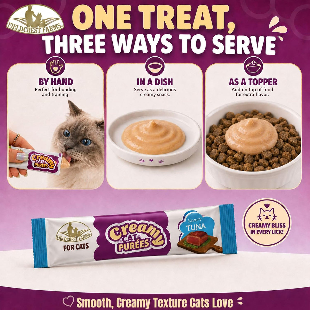 Fieldcrest Farms Creamy Cat Purées, Tuna Flavor, Smooth and Tasty Lickable Cat Treats with Taurine, Moist & Hydrating, Food Topper, 21 Count in Pack