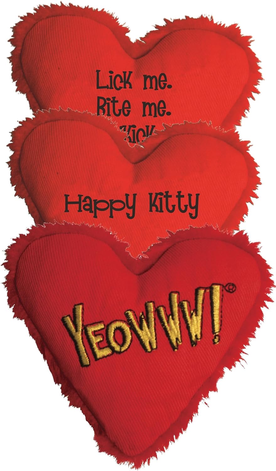 Hearrrt Attack Pack: 3x Yeowww! 100% Organic Catnip Heart Cat Toys, Each with a Different Phrase