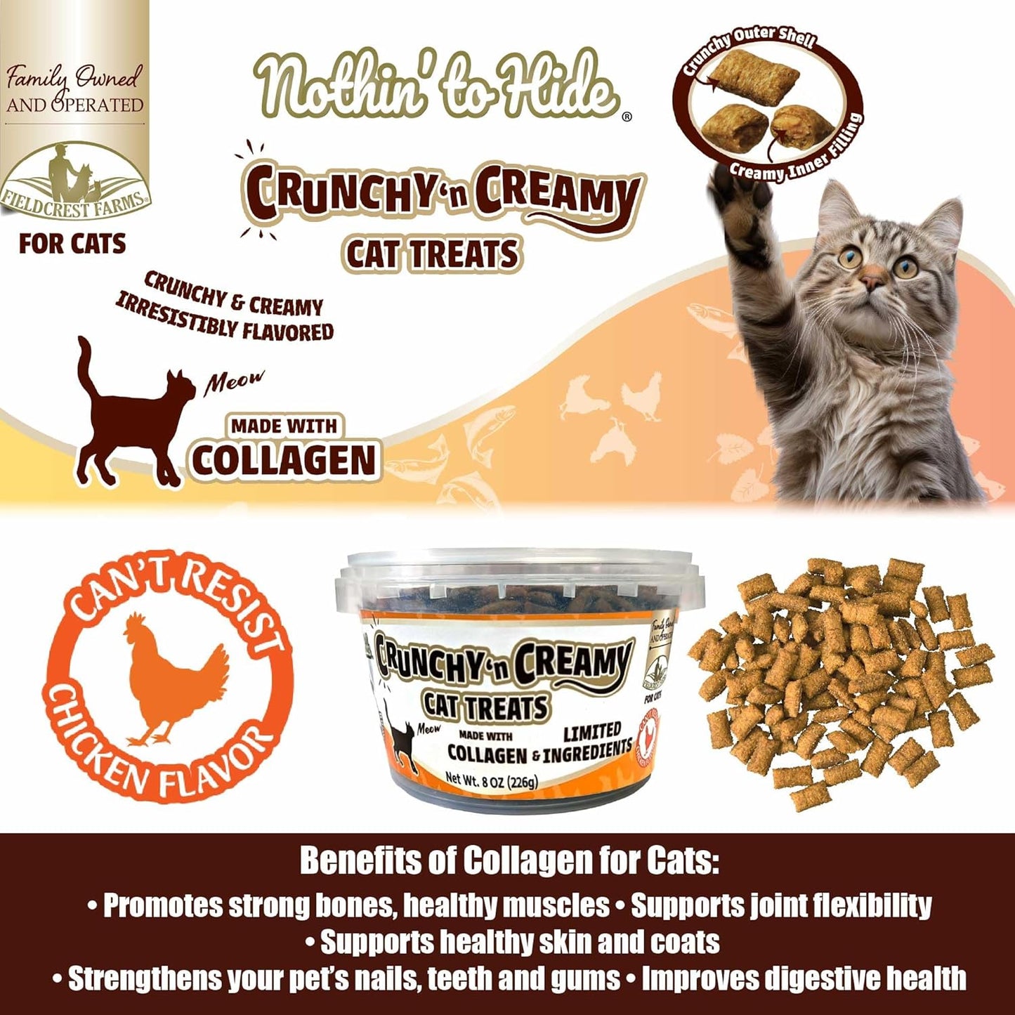 Fieldcrest Farms Nothin’ to Hide Collagen Cat Treats – Crunchy & Creamy Cat Snacks, Chicken Flavor, 8oz Tub.