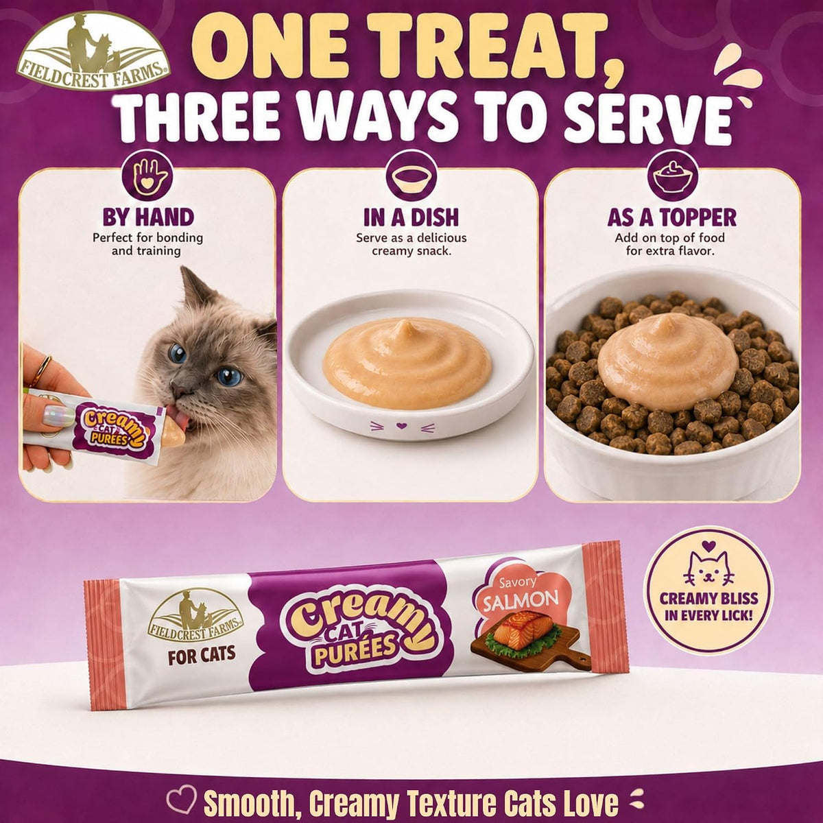 Fieldcrest Farms Creamy Cat Purées, Salmon Flavor, Smooth and Tasty Lickable Cat Treats with Taurine, Moist & Hydrating,Food Topper, 21 Count in Pack
