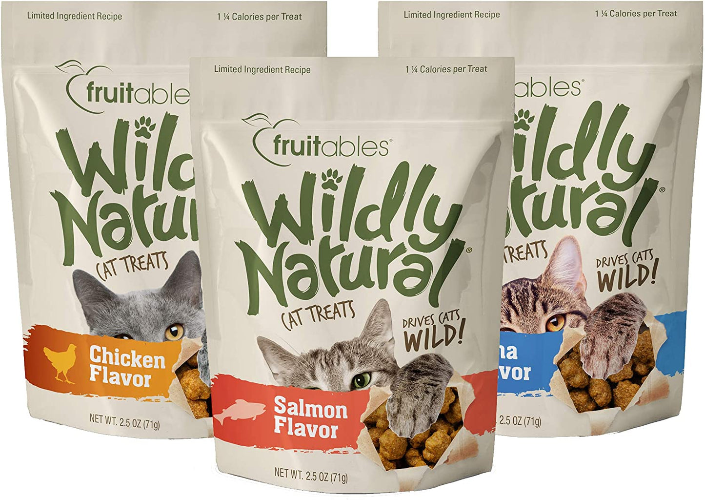 Fruitables Wildly Natural Cats Treat Variety Pack 3 (1 Bag of Each: Chicken, Tuna and Salmon)