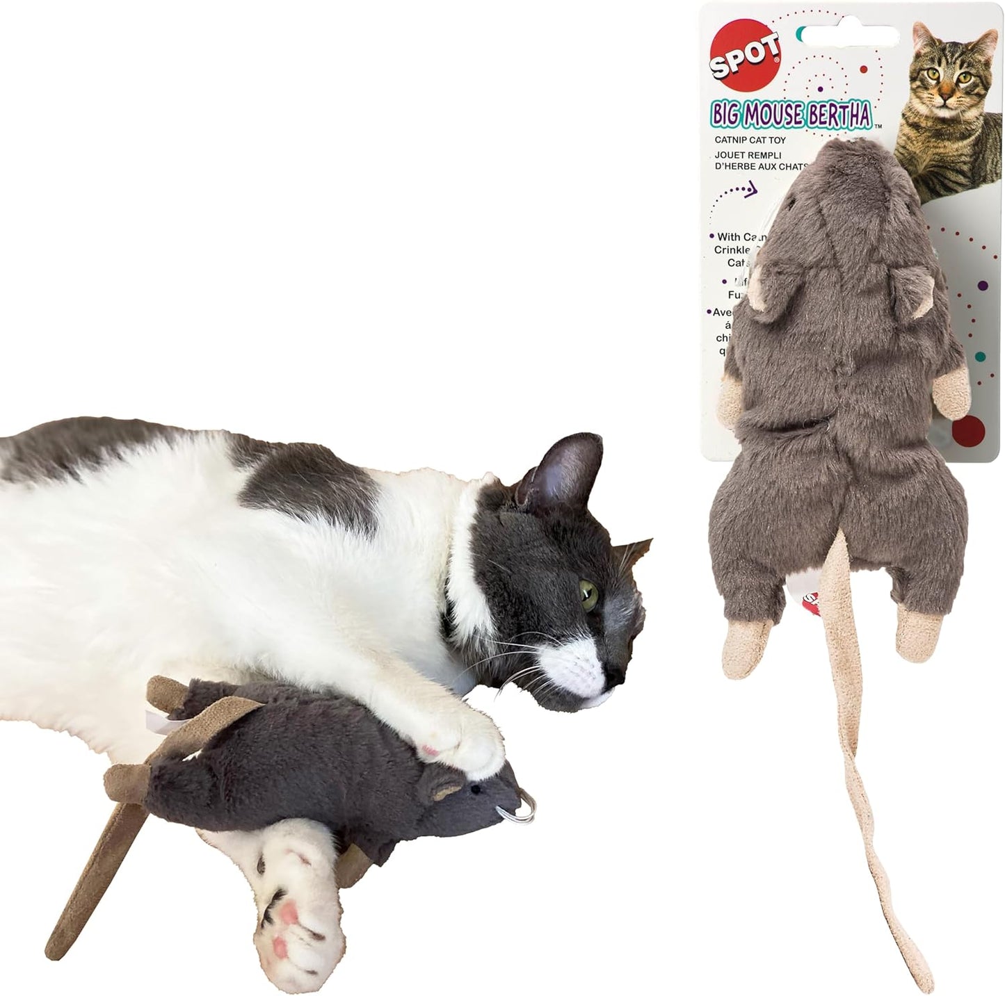 SPOT Big Mouse Bertha Cat Toy with Catnip - 7" Assorted Colors