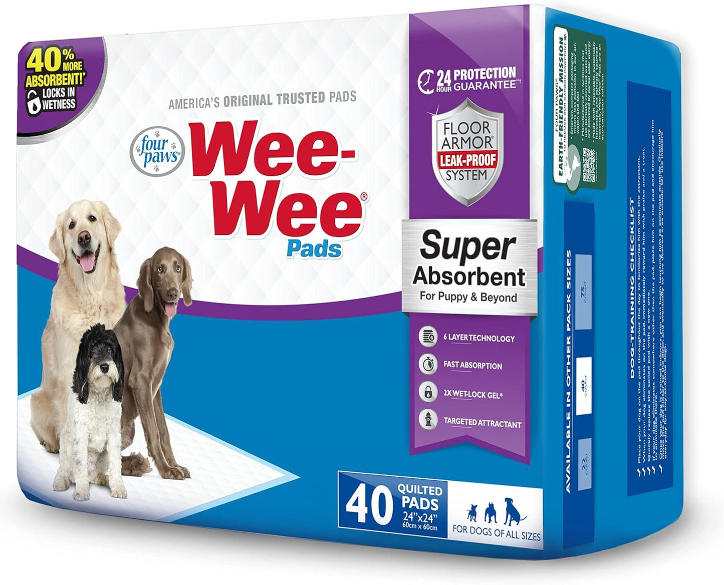 Four Paws Wee Wee Pads - Super Absorbent-  40 Pack - (24"L x 24"W)