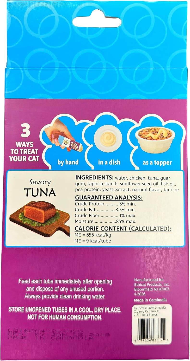 Fieldcrest Farms Creamy Cat Purées, Tuna Flavor, Smooth and Tasty Lickable Cat Treats with Taurine, Moist & Hydrating, Food Topper, 21 Count in Pack