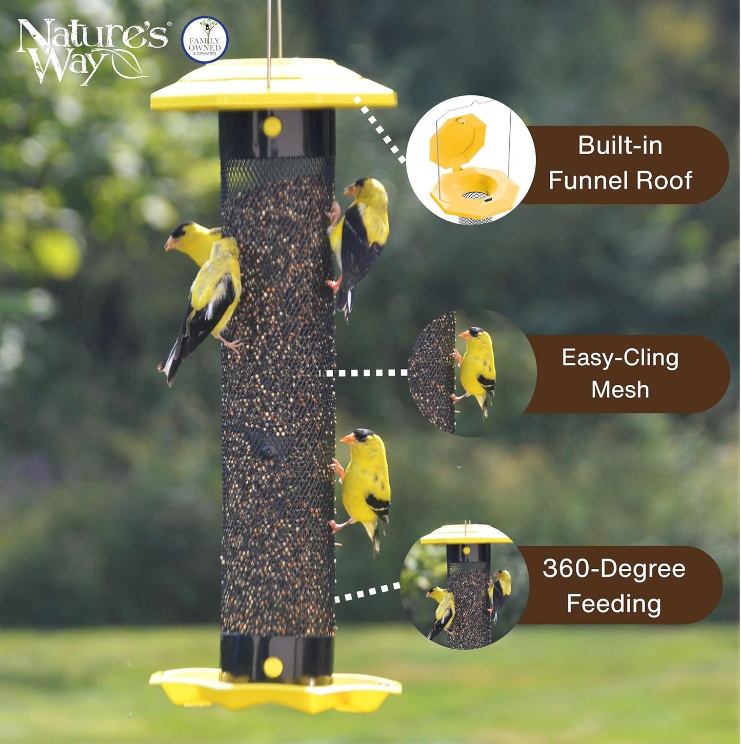 Nature's Way Yellow / Black Funnel Flip Mesh Finch Thistle Bird Feeder - 1.5 Quart