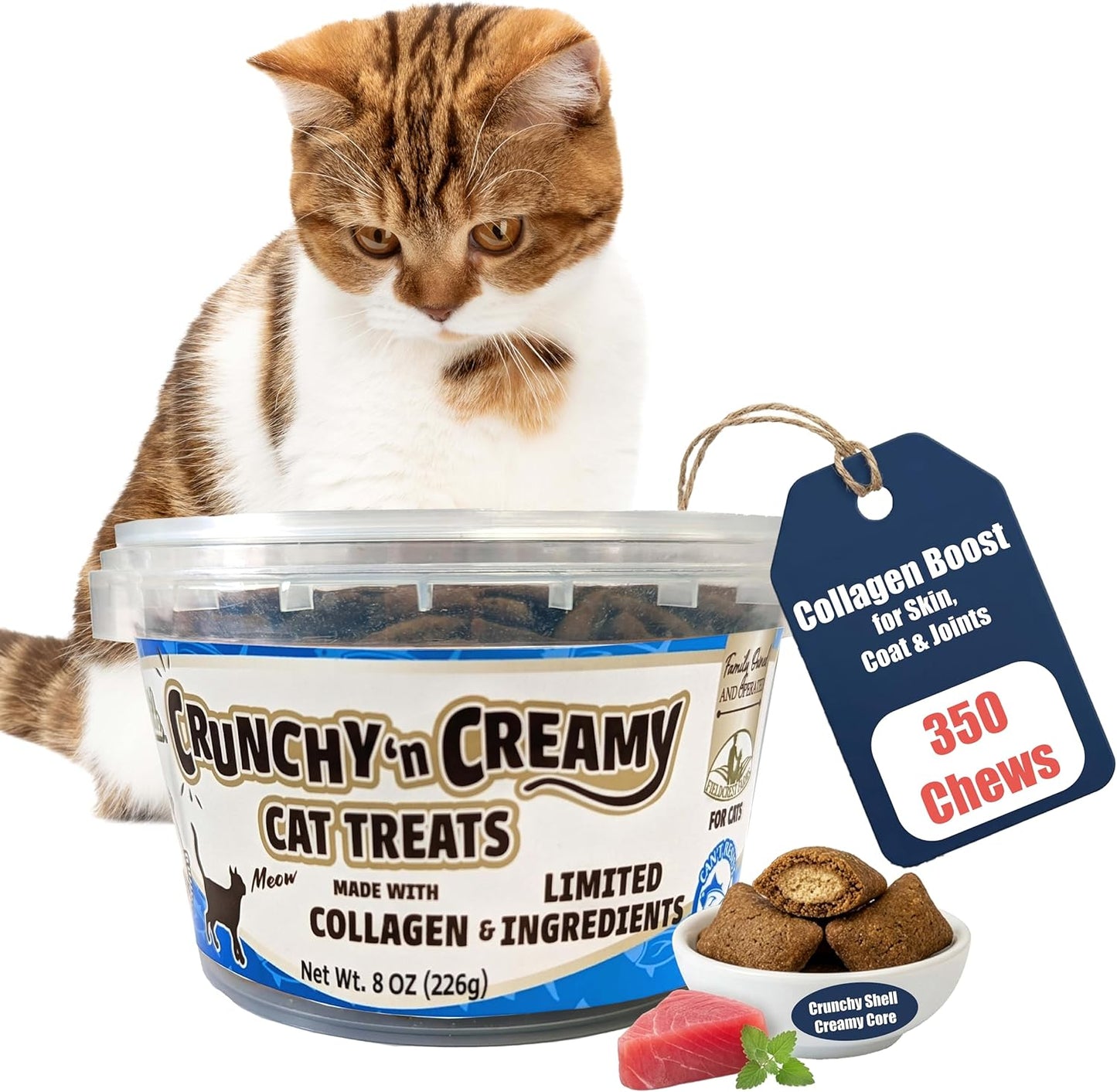 Fieldcrest Farms Nothin’ to Hide Collagen Cat Treats – Crunchy & Creamy Cat Snacks, Tuna Flavor, 8oz Tub.