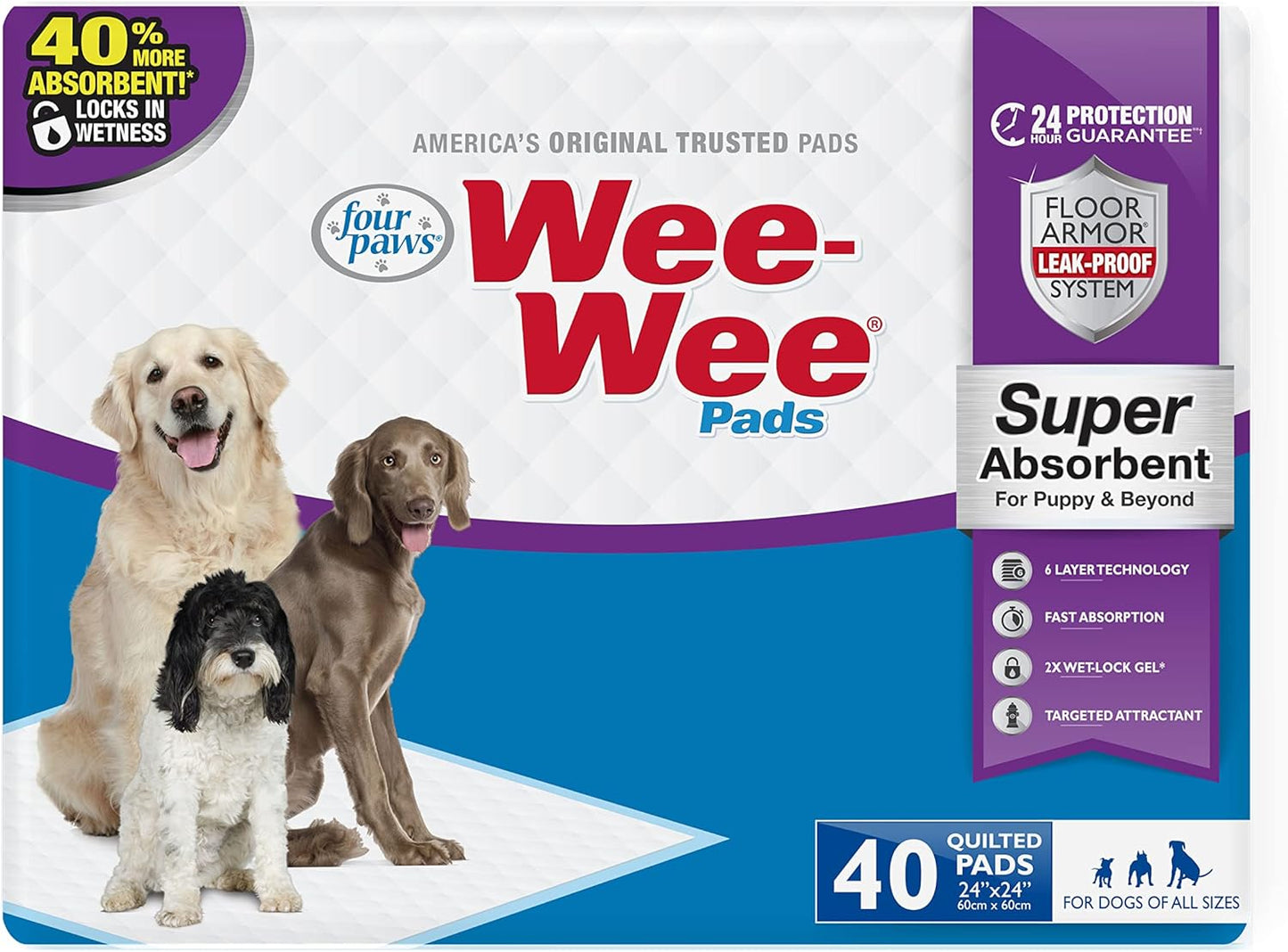 Four Paws Wee Wee Pads - Super Absorbent-  40 Pack - (24"L x 24"W)