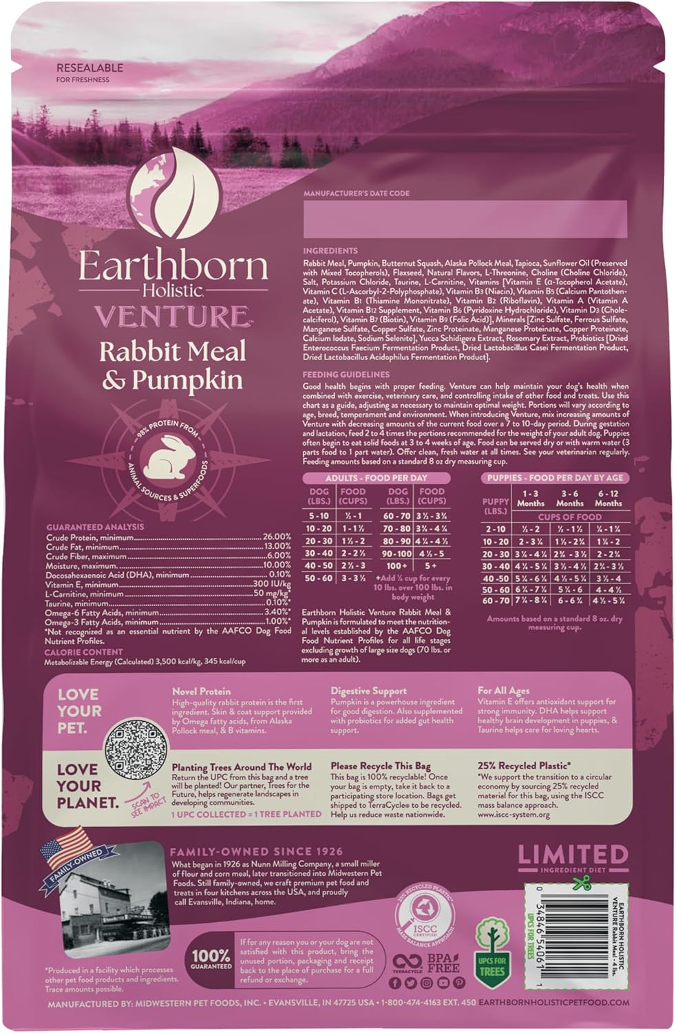 Earthborn Holistic Venture Grain Free Rabbit Meal & Pumpkin Dry Dog Food-4 lbs