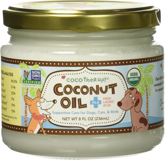 CocoTherapy Organic Virgin Coconut Oil, 8 Ounces, Natural Supplement for Dog Skin Coat Digestion and Immunity