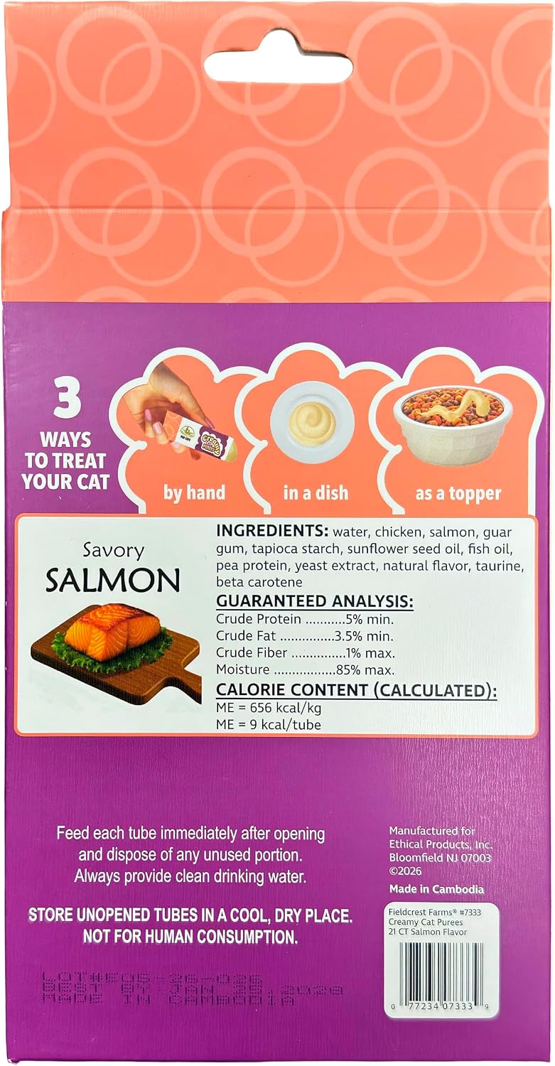 Fieldcrest Farms Creamy Cat Purées, Salmon Flavor, Smooth and Tasty Lickable Cat Treats with Taurine, Moist & Hydrating,Food Topper, 21 Count in Pack