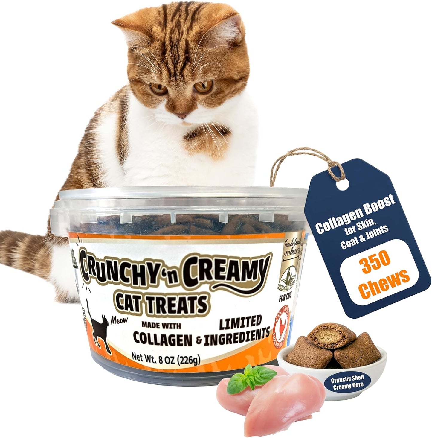 Fieldcrest Farms Nothin’ to Hide Collagen Cat Treats – Crunchy & Creamy Cat Snacks, Chicken Flavor, 8oz Tub.