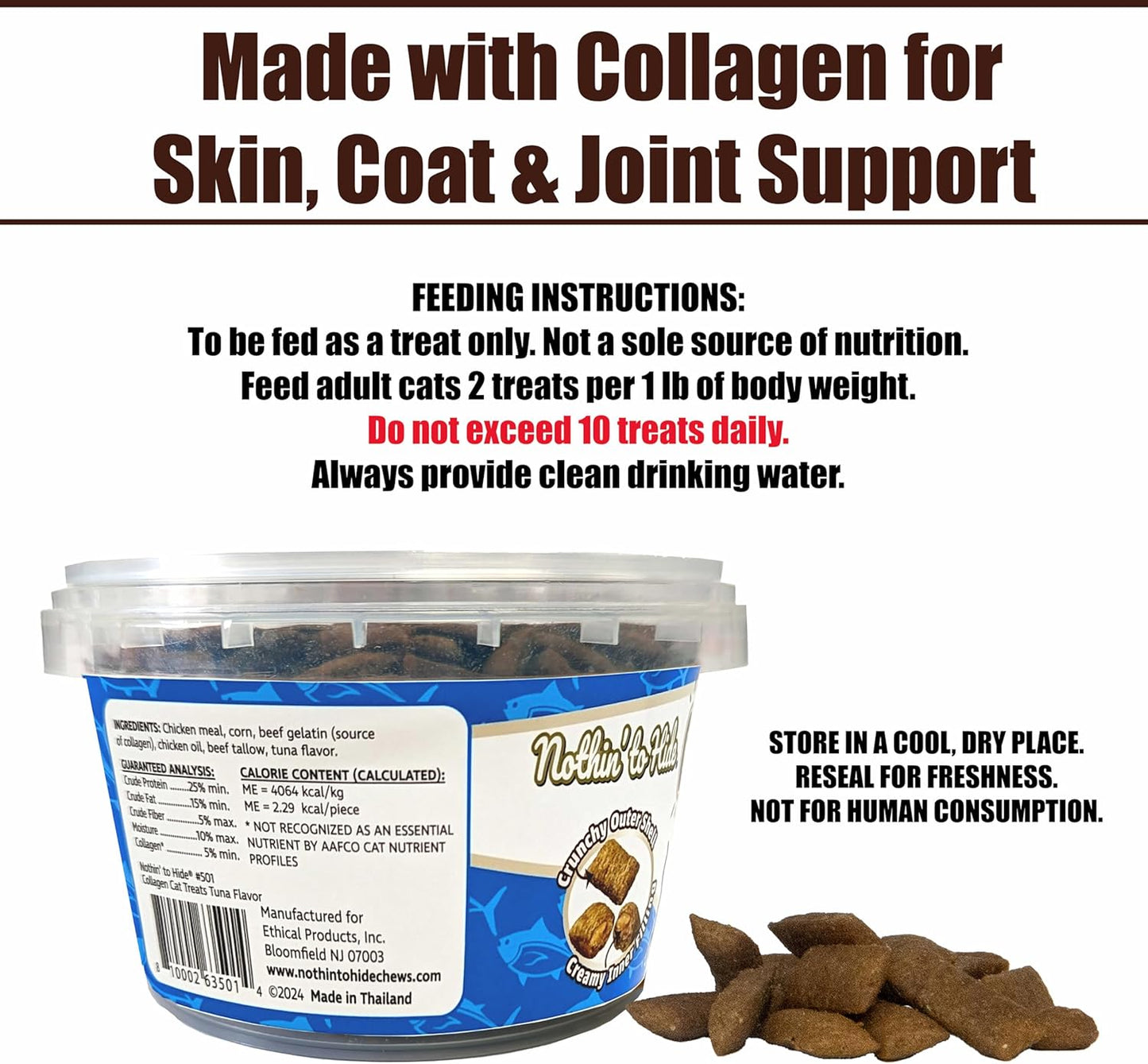 Fieldcrest Farms Nothin’ to Hide Collagen Cat Treats – Crunchy & Creamy Cat Snacks, Tuna Flavor, 8oz Tub.