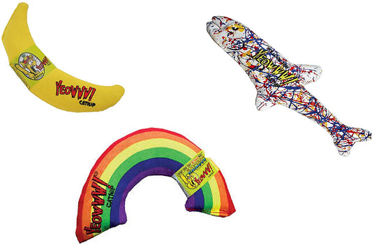 YEOWWW! Organic Catnip 3-Toy Variety Pack with Rainbow, Banana, and Pollock