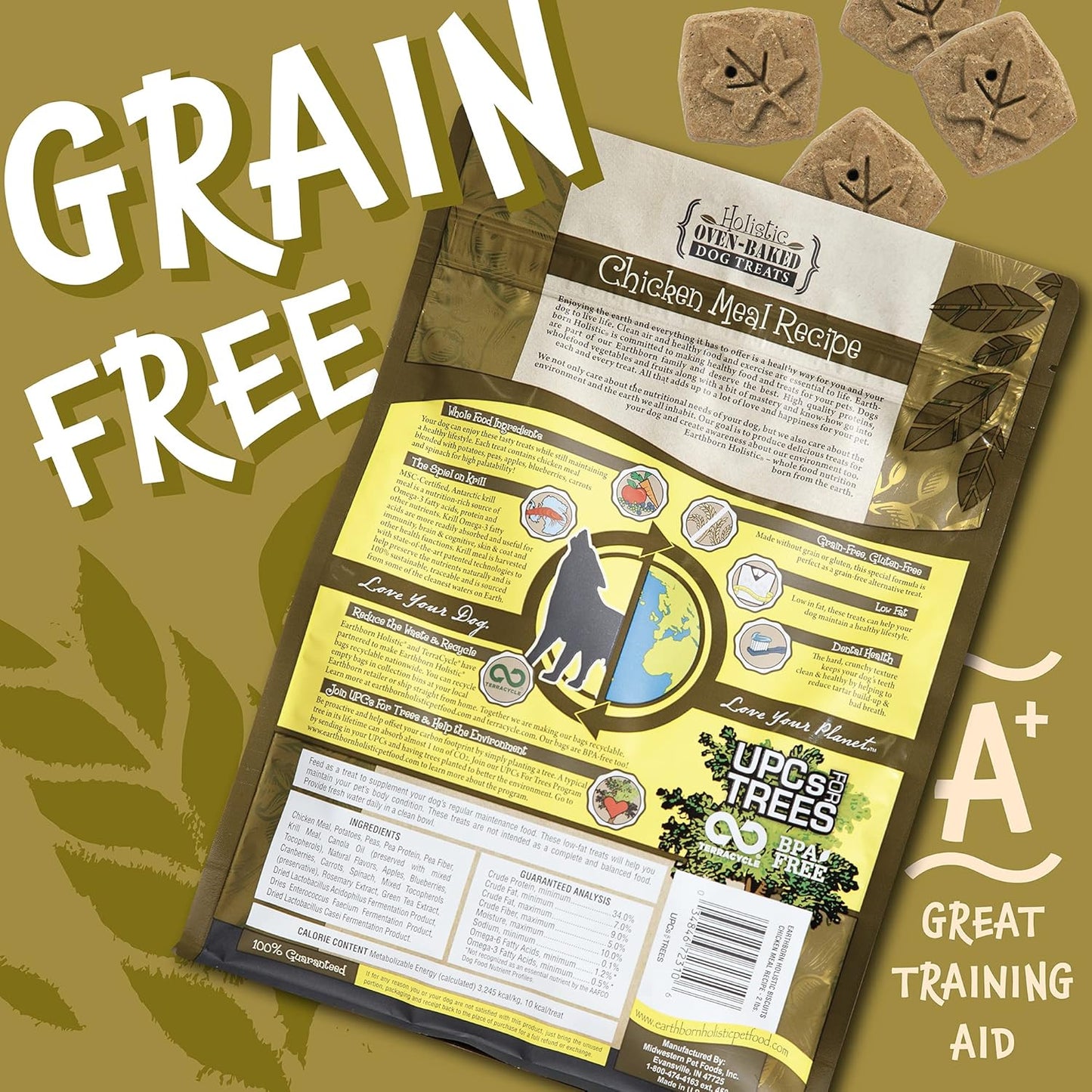 Earthborn Holistic Chicken Meal Recipe Grain-Free Oven Baked Biscuits Dog Treats - 2 lbs