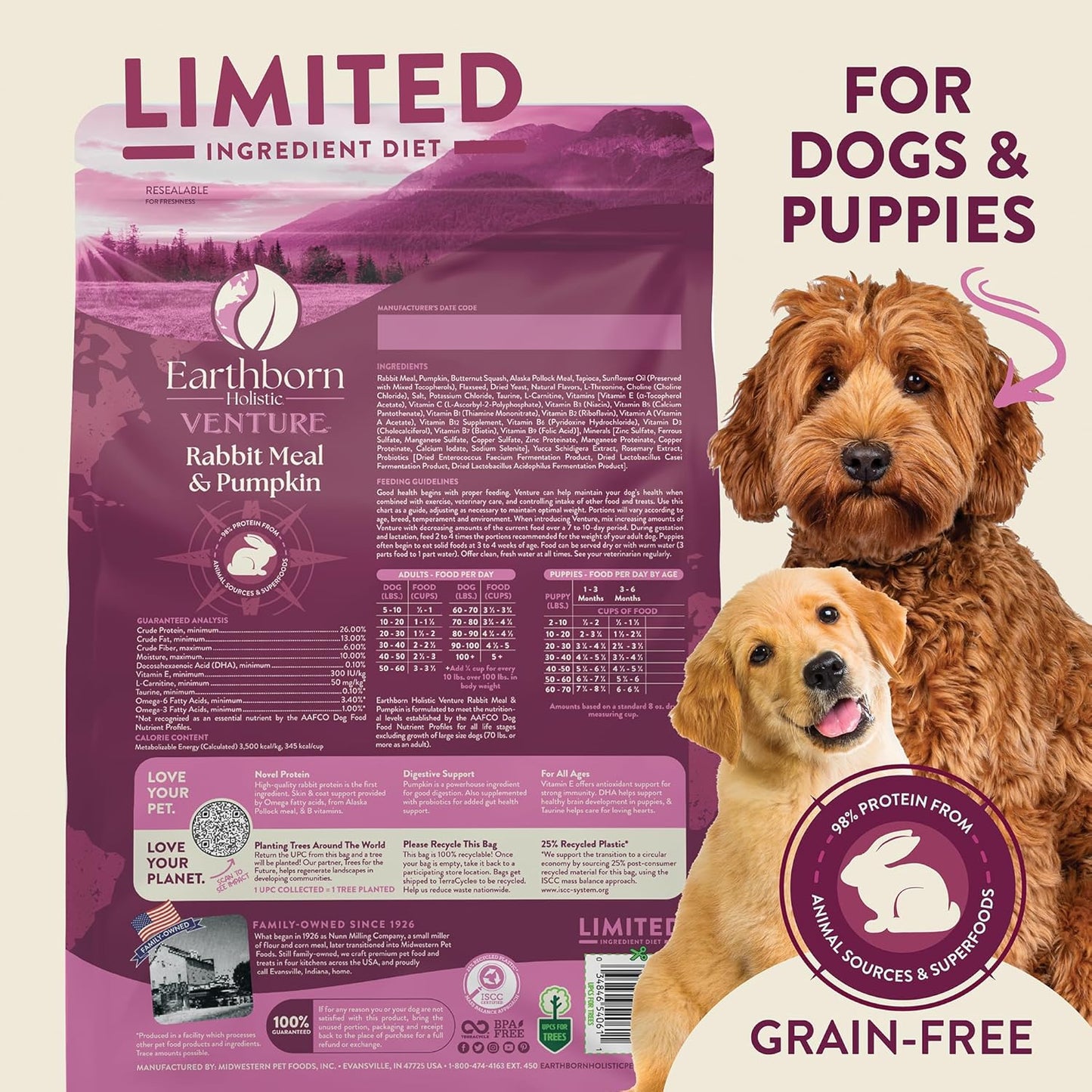 Earthborn Holistic Venture Grain Free Rabbit Meal & Pumpkin Dry Dog Food-4 lbs