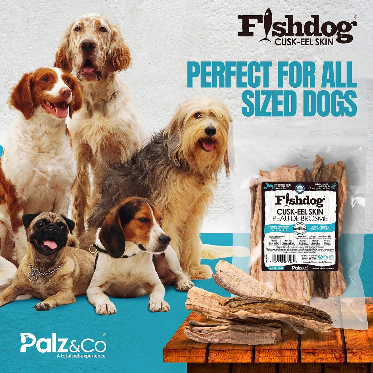 Palz&Co Fishdog Cusk-EEL Fish Skin Dog Treats 2.5oz - Wild Caught Single Ingredient Fish Chews for Dogs, Grain Free Hypoallergenic