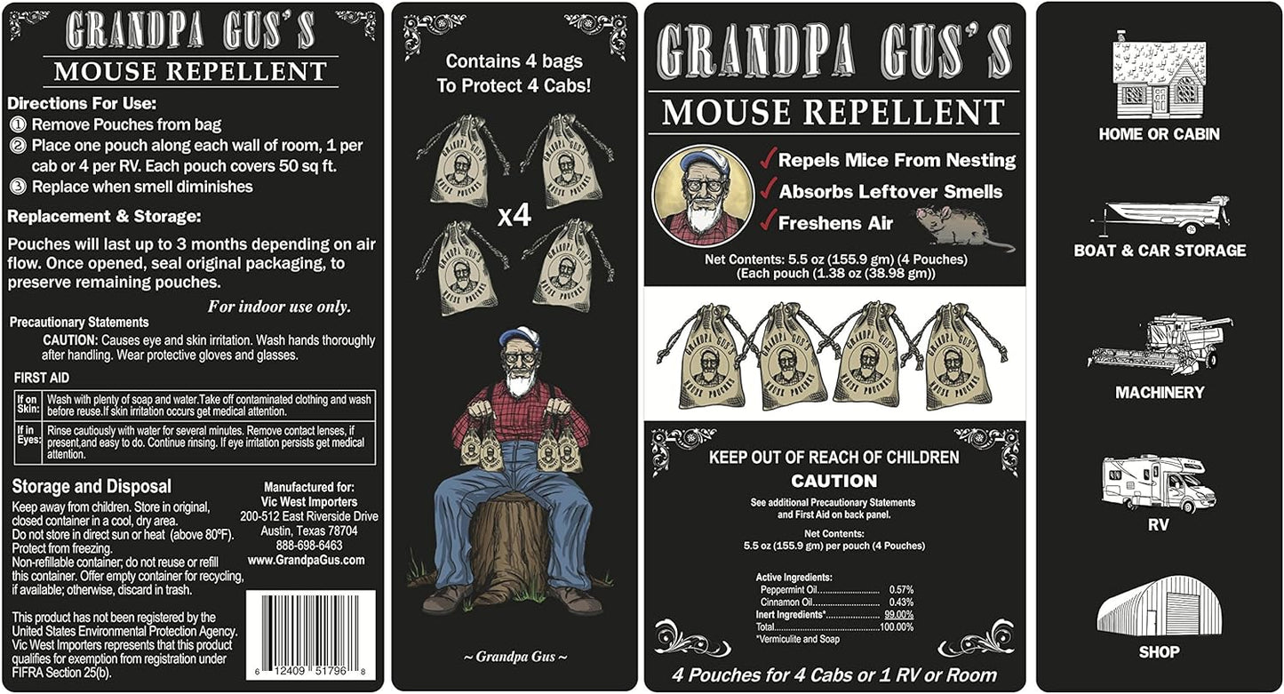 Grandpa Gus's Mice Repellent Pouches - Natural Peppermint Oil Mouse Trap Rodent Alternative - 4 Pk