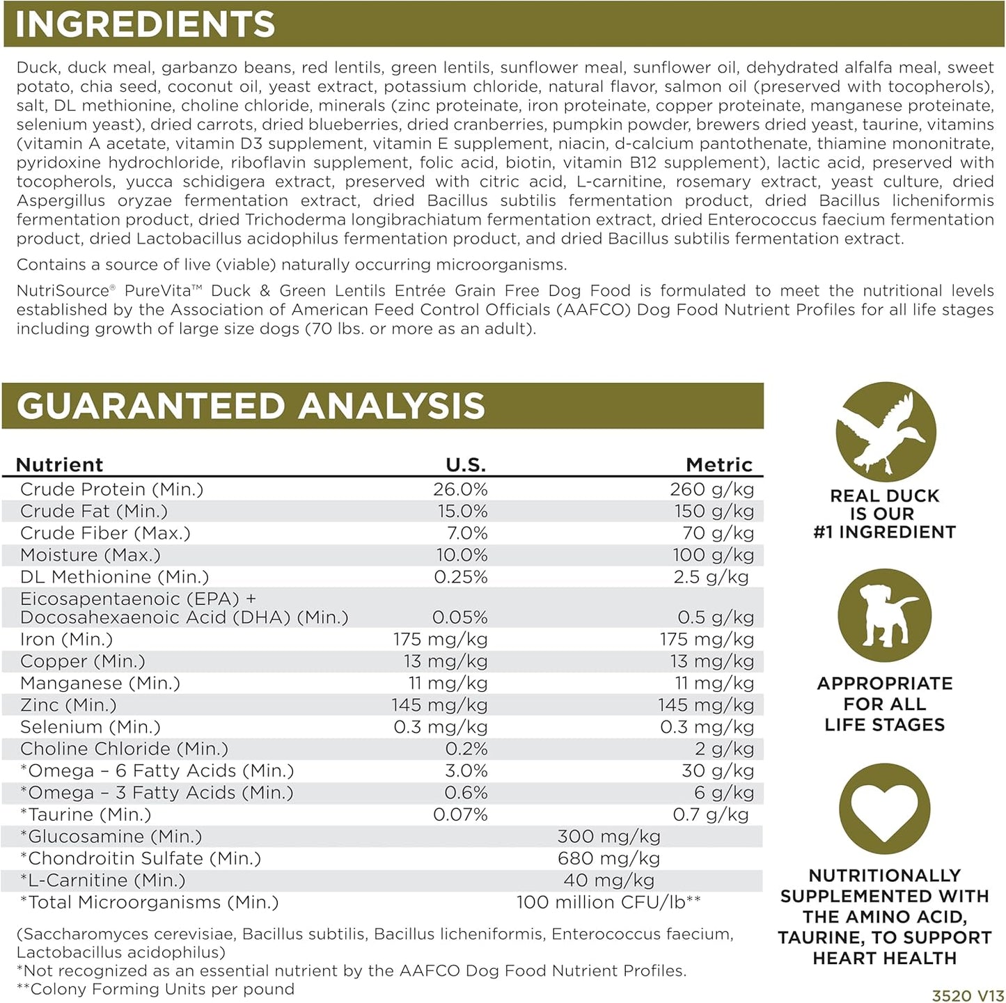 NutriSource PureVita Grain Free Duck & Green Lentils Entree Dry Dog Food - 25 lbs