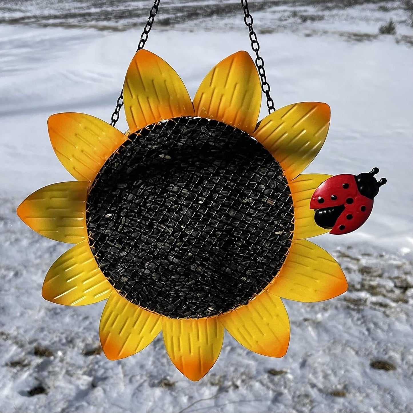 Gift Essentials Metal Yellow Sunflower with Ladybug Mesh Bird Feeder - 9"