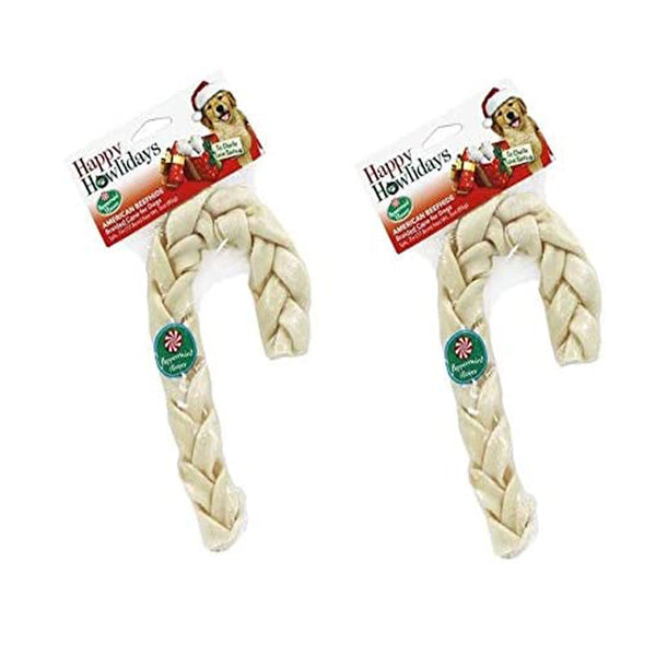 Pet Factory Happy Howlidays American Beefhide Braided Dog Candy Cane 2pk 16-17"