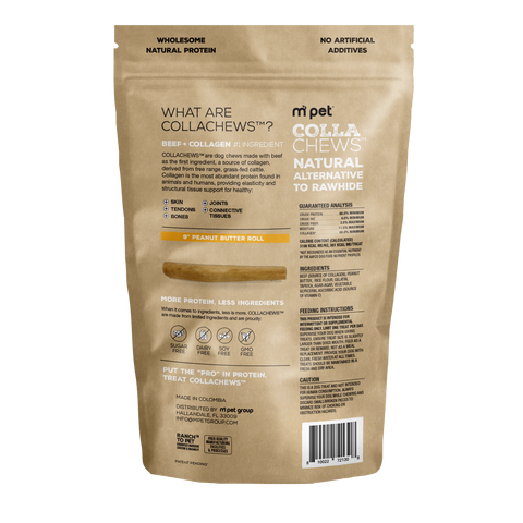 CollaChews Peanut Butter & Collagen Rawhide Free 9" Rolls Dog Treat - 3 Pack Bag