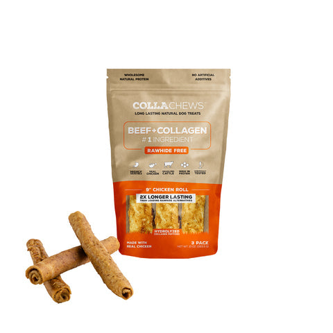 CollaChews Chicken & Collagen Rawhide Free 9" Rolls Dog Treat - 3 Pack Bag