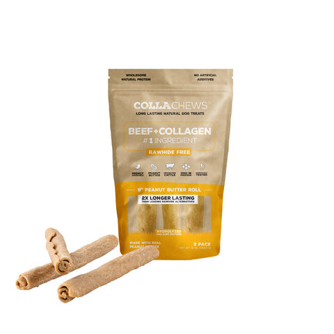 CollaChews Peanut Butter & Collagen Rawhide Free 9" Rolls Dog Treat - 3 Pack Bag