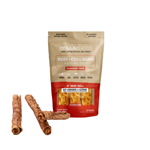 CollaChews Beef & Collagen Rawhide Free 9" Rolls Dog Treat - 3 Pack Bag