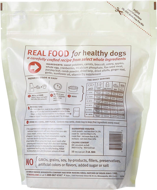 Sojos Pre-Mix Natural Grain Free Dry Raw Freeze Dried Dog Food, 2-Pound Bag