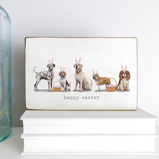 Rustic Marlin Bunny Ear Dogs Happy Easter Decorative Wooden Block