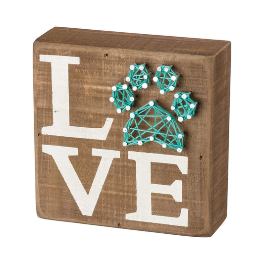Primitives by Kathy Box Sign - Pet Love with String Art Paw Print - 5 inch square