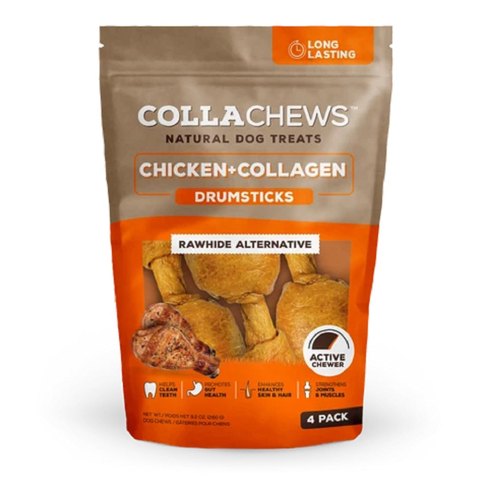 CollaChews Chicken & Collagen Rawhide Free Drumsticks Dog Treat - 4 Pack Bag