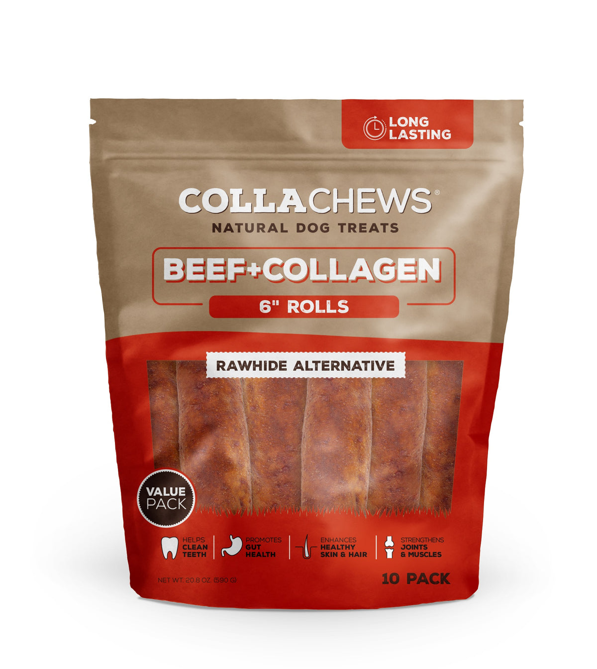 CollaChews Beef & Collagen Rawhide Free 6" Rolls Dog Treat - 10 Pack Bag