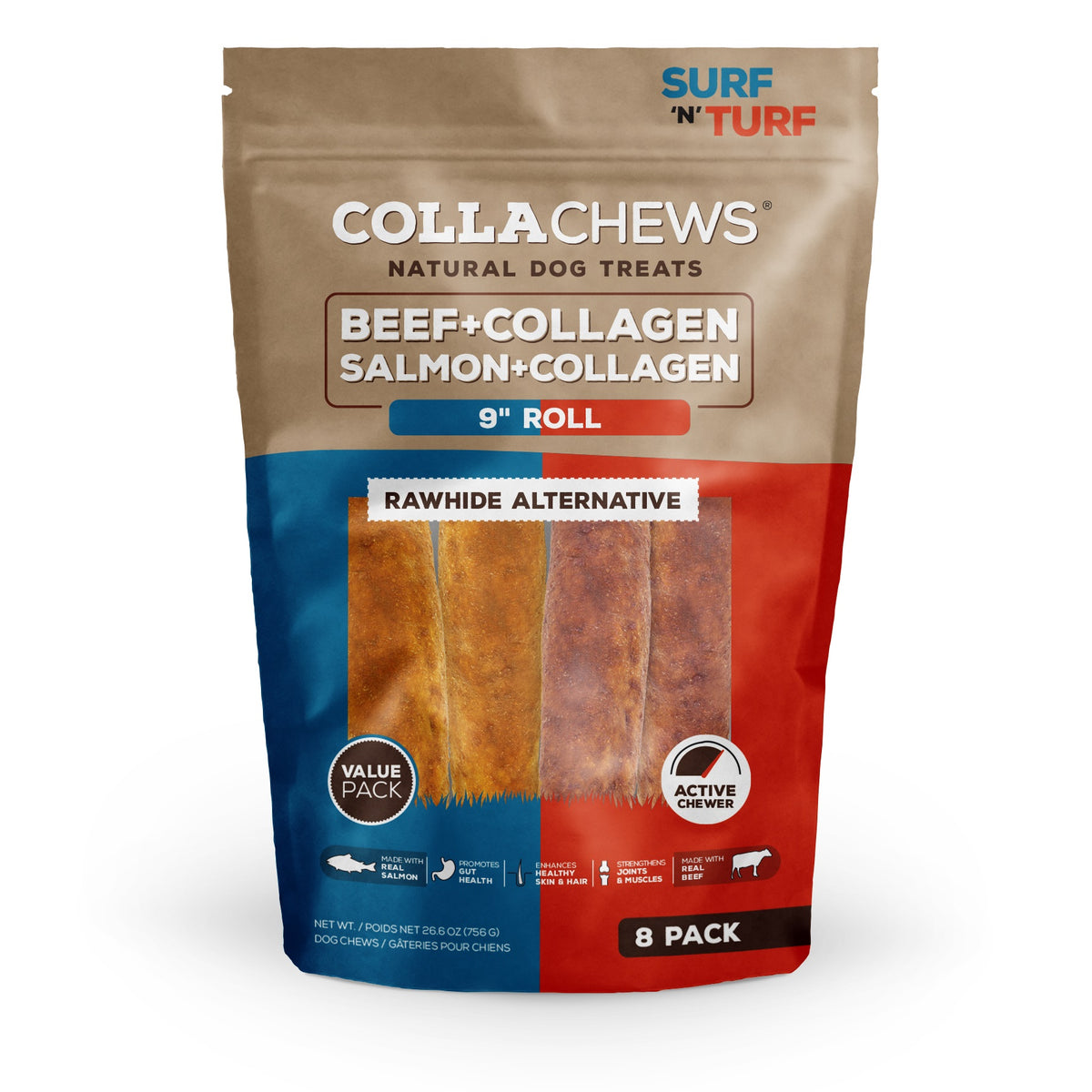 CollaChews Salmon & Beef Rawhide Free 9" Variety Pack Dog Treat - 8 Pack