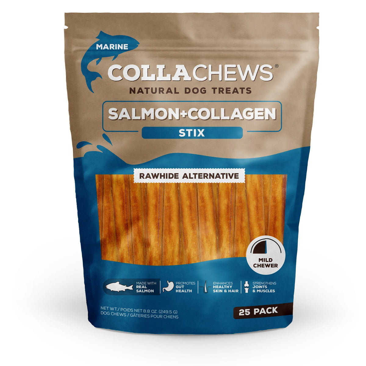 CollaChews Salmon & Collagen Rawhide Free 5" Stix Dog Treat - 25 Pack Bag
