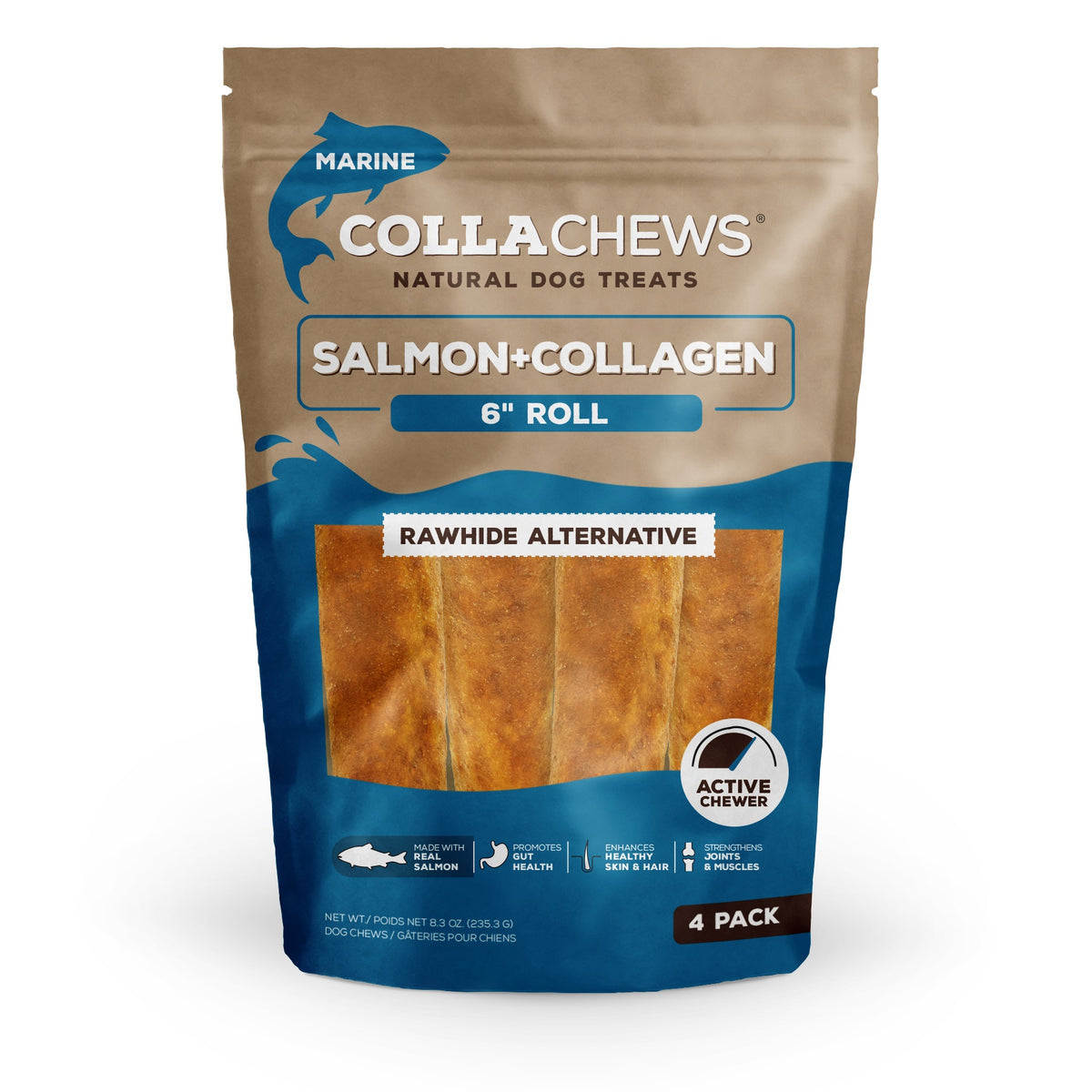 CollaChews Salmon & Collagen Rawhide Free 6" Roll Dog Treat - 4 Pack Bag