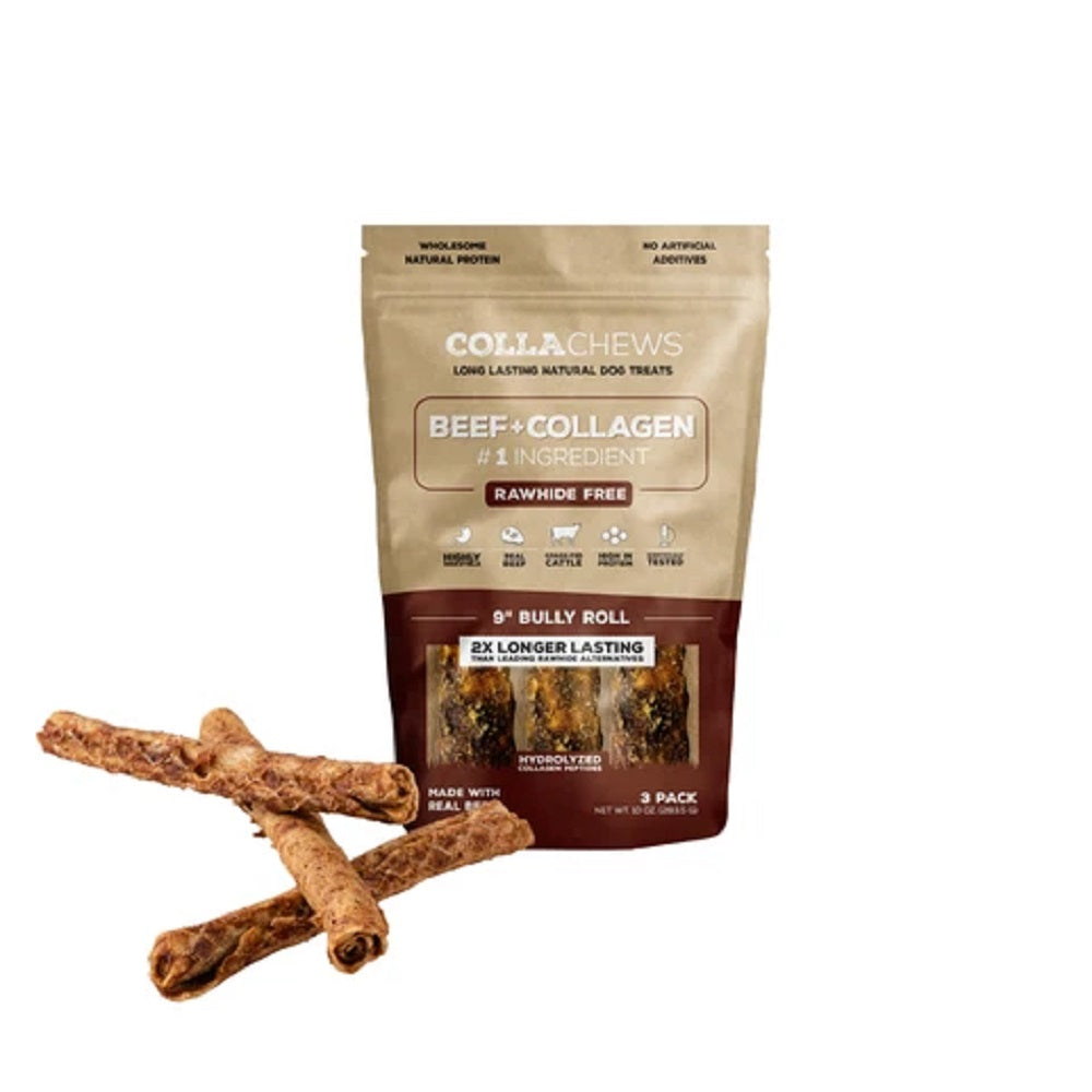 CollaChews Bully & Collagen Rawhide Free 9" Rolls Dog Treat - 3 Pack Bag