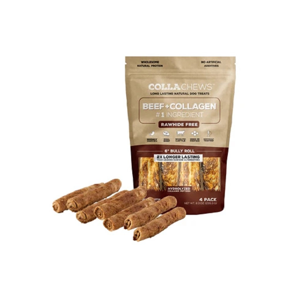 CollaChews Bully & Collagen Rawhide Free 6" Roll Dog Treat - 4 Pack Bag