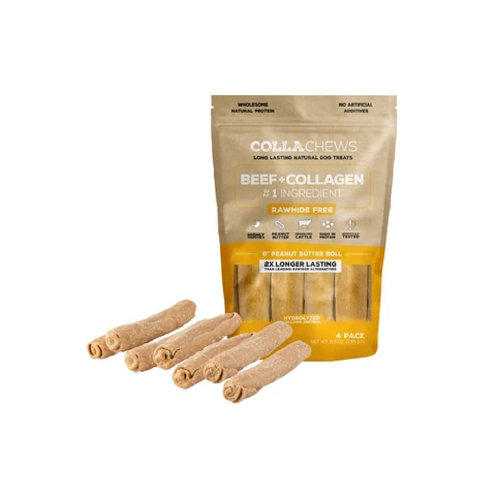 CollaChews Peanut Butter & Collagen Rawhide Free 6" Roll Dog Treat - 4 Pack Bag