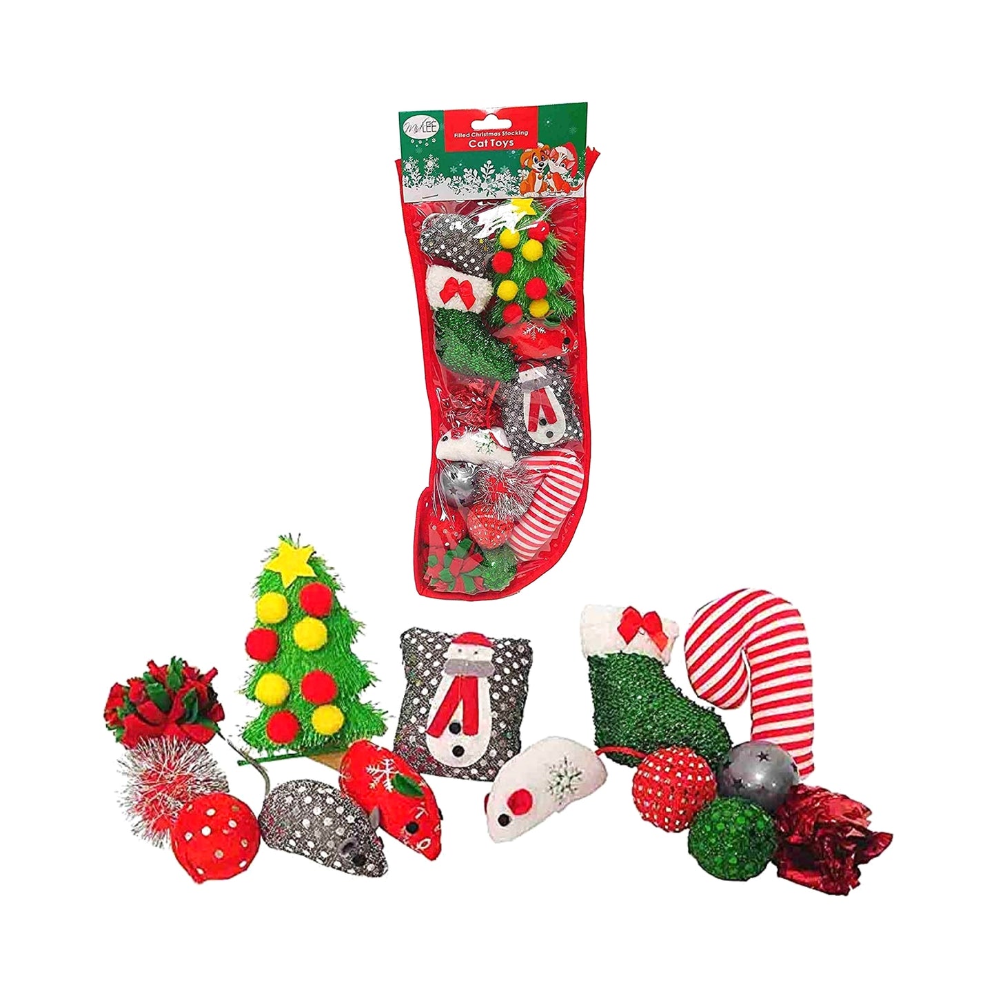 Midlee Cat Christmas Stocking with Toys - 14 Toys