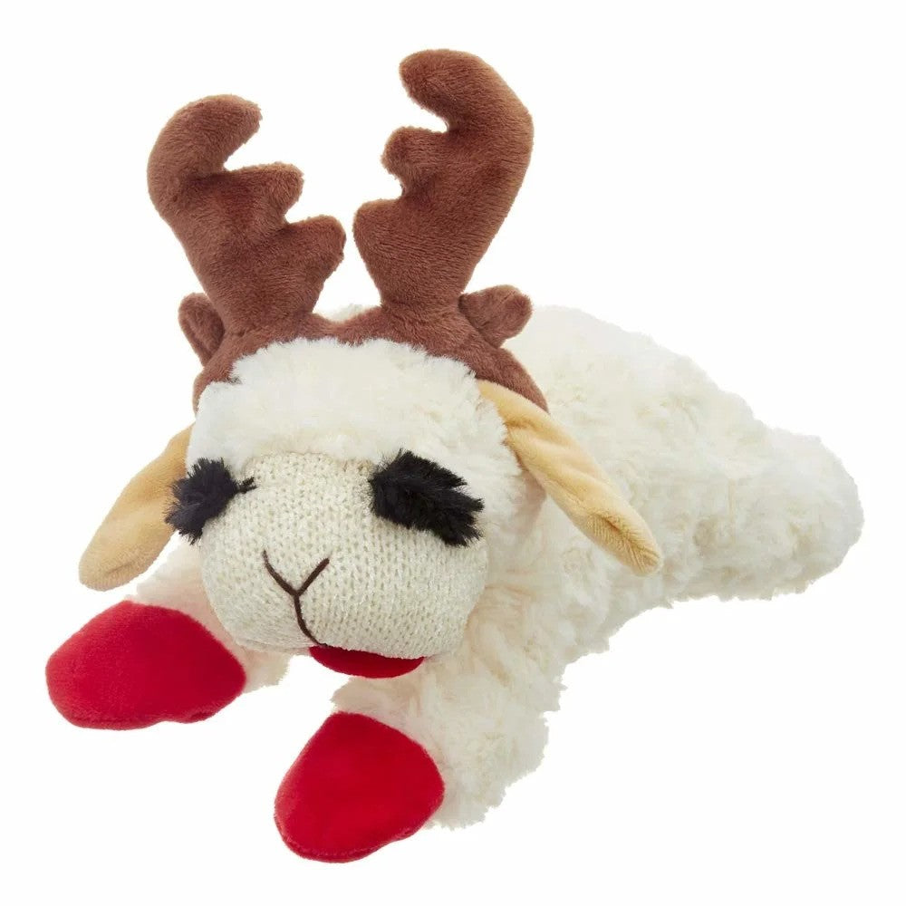 Multipet Holiday Lamb Chop with Reindeer Antlers Plush Dog Toy (10.5" Laying Lamb)